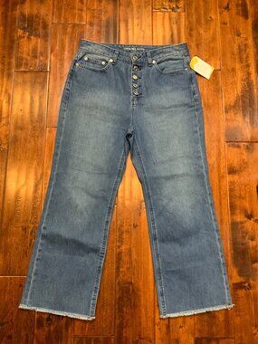 Michael Kors Medium Wash Straight Wide Leg Button-Up Jeans W/ Raw Hems, Size 8